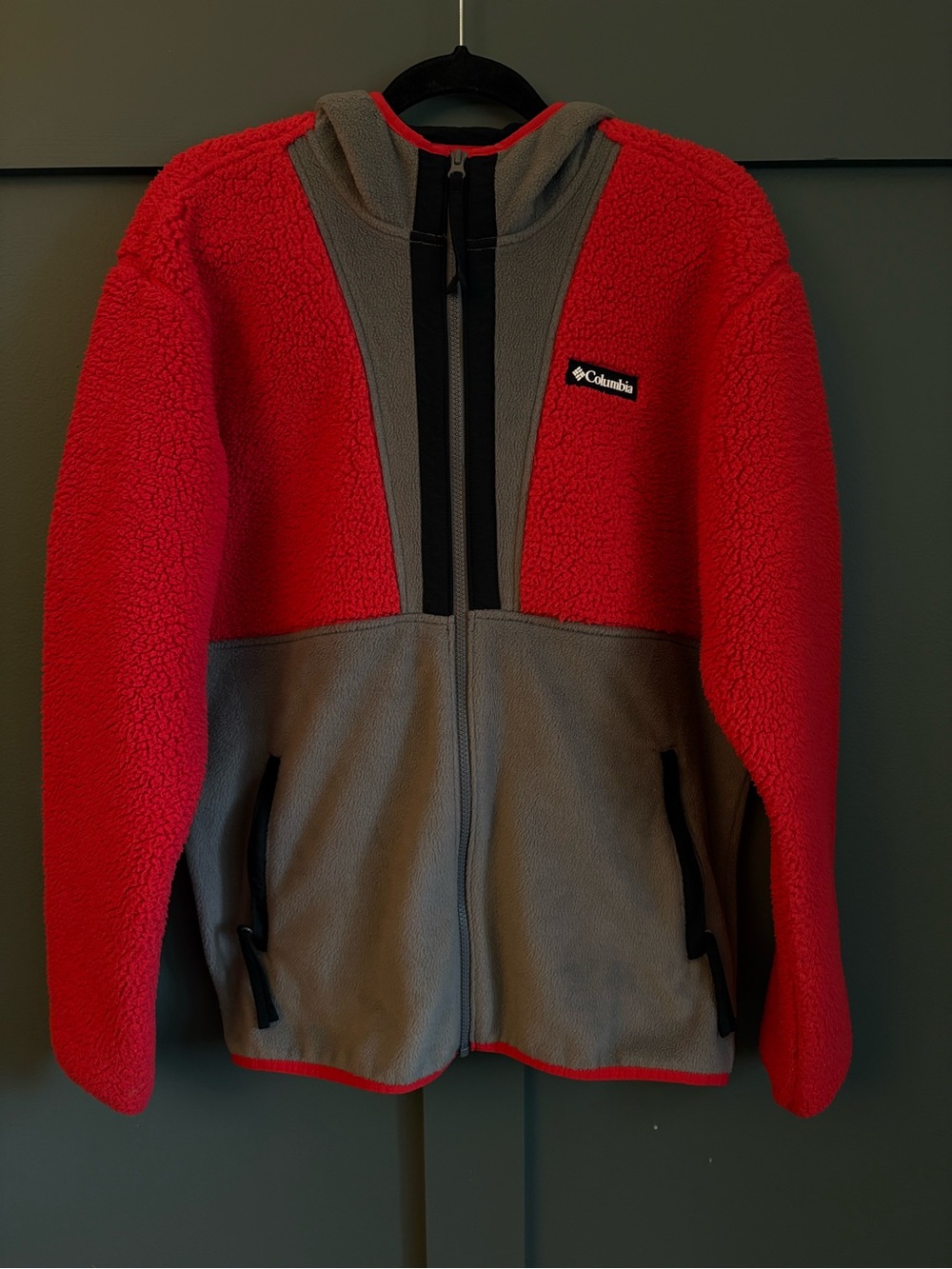 Columbia Fleece Full Zip Jacket Men’s Size Medium Red & Gray with Hood